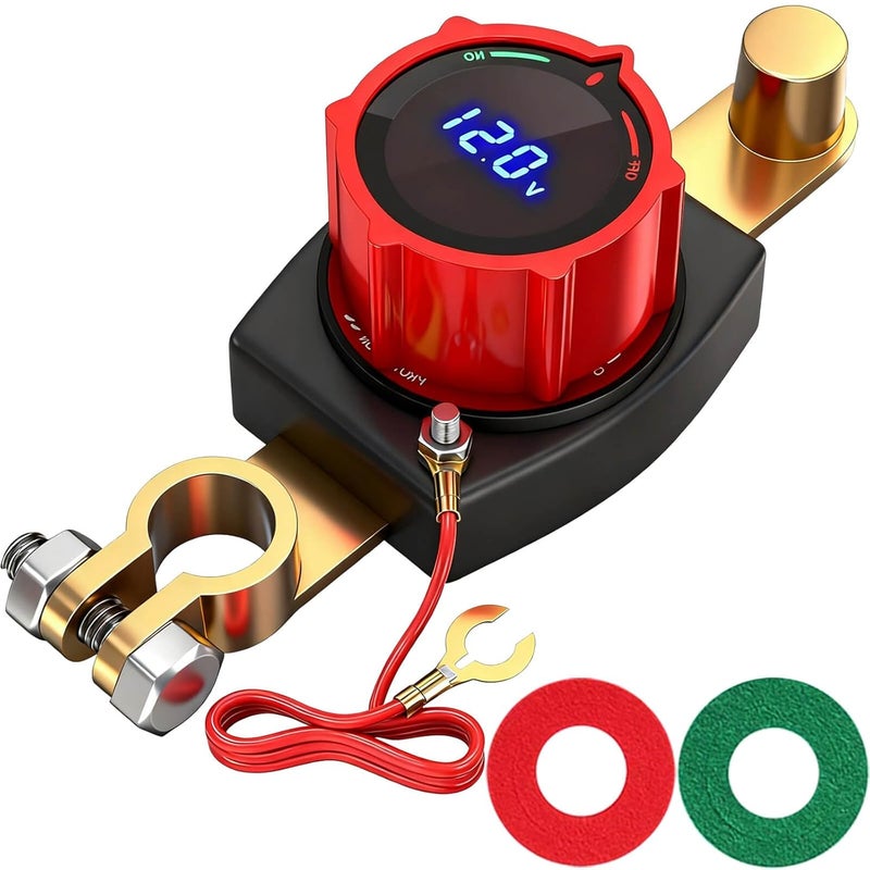 SUNMORN Battery Disconnect Switch, 12V Cut Off IP67 Waterproof Shut Off Switch, for Car, Truck, RV, Boat, Marine, Tractor, SUV, Off-Road, Prevent Battery Drain (Top Post with LED Voltmeter) - Image 1